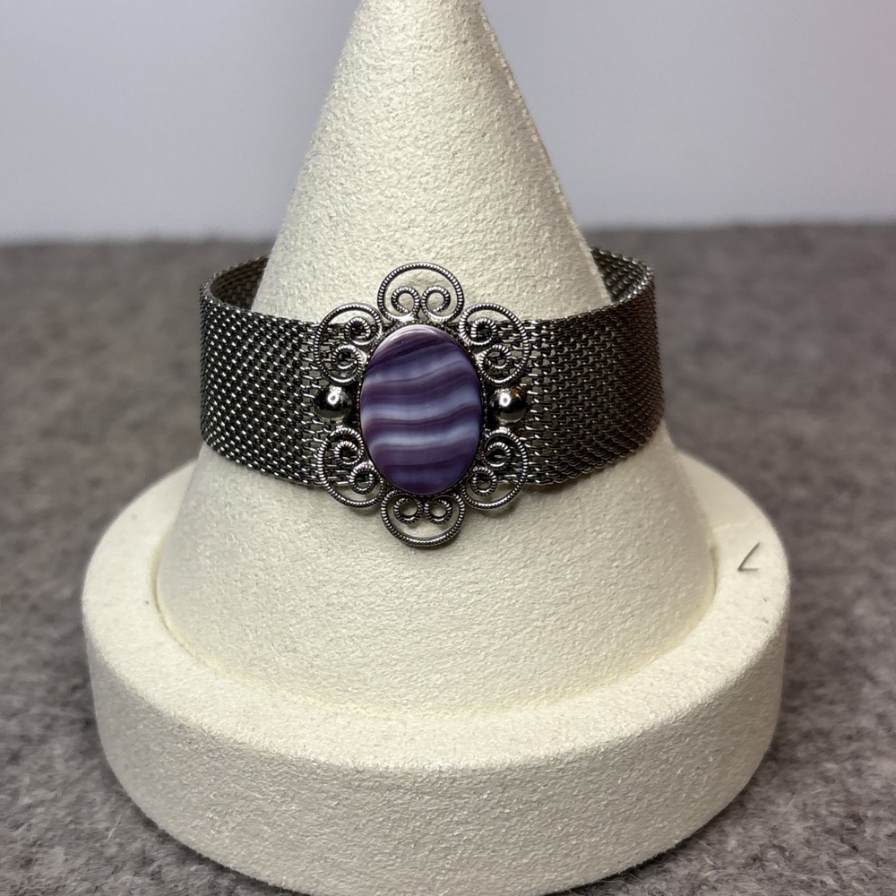 Dyed Agate Cabochon Mesh Bracelet Silver Tone Filigree 6.75" Vintage Style